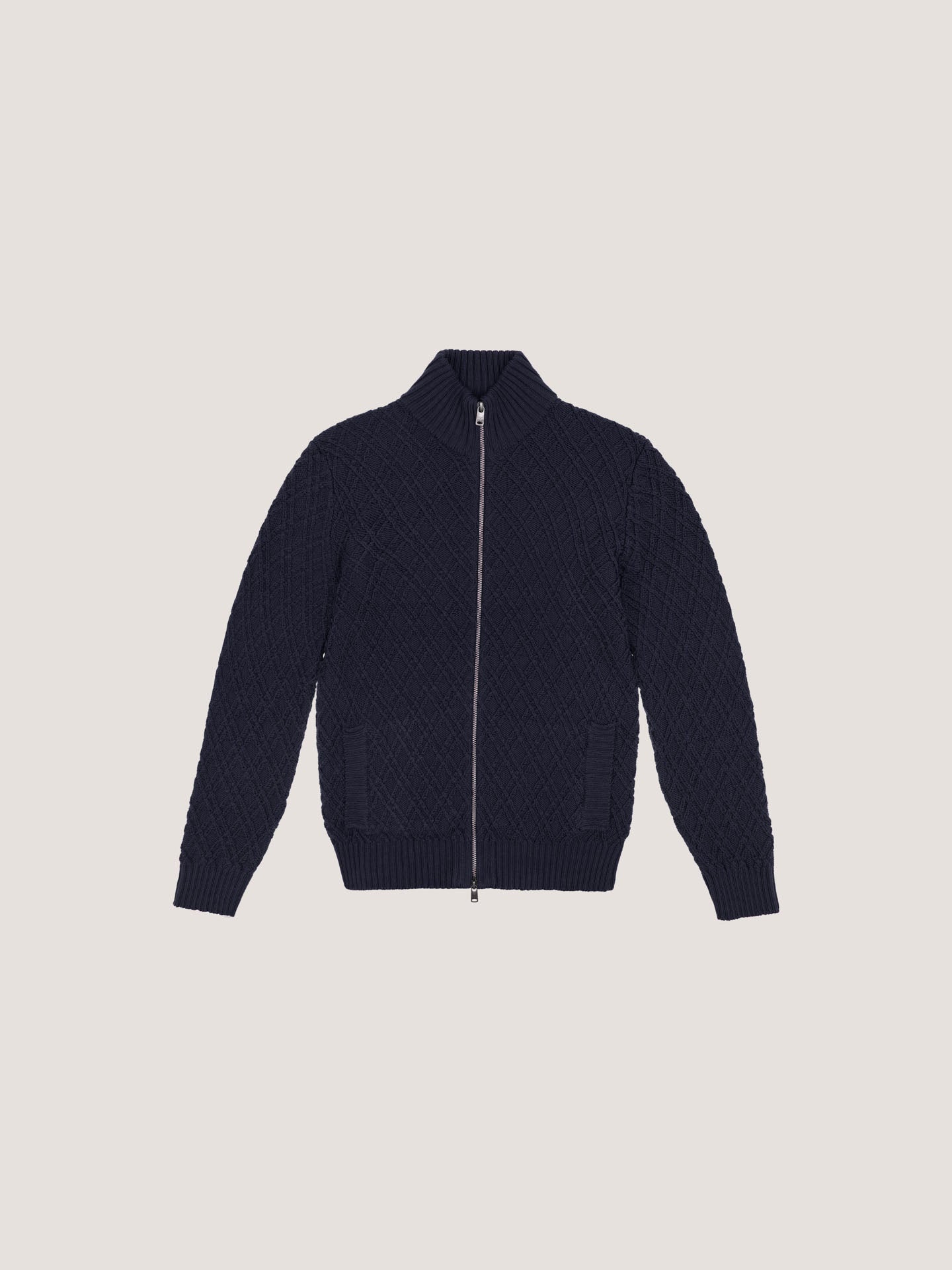 Full zip blouson in lana merino fine diamond stitch