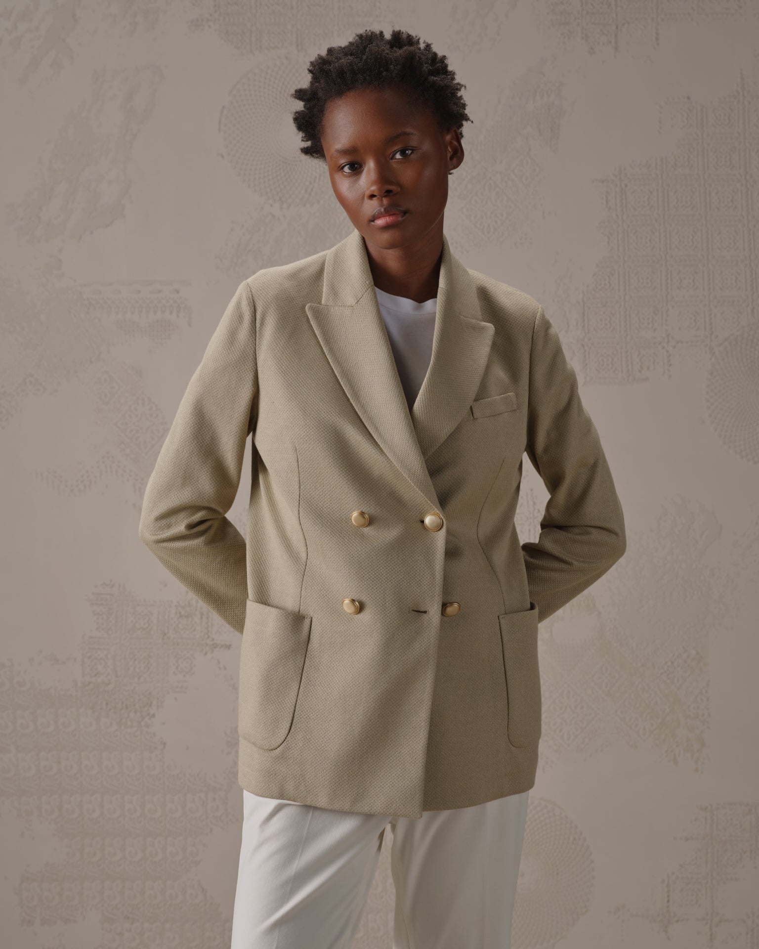 Double-Breasted Jacket in Fabric Weft Linen-Cotton