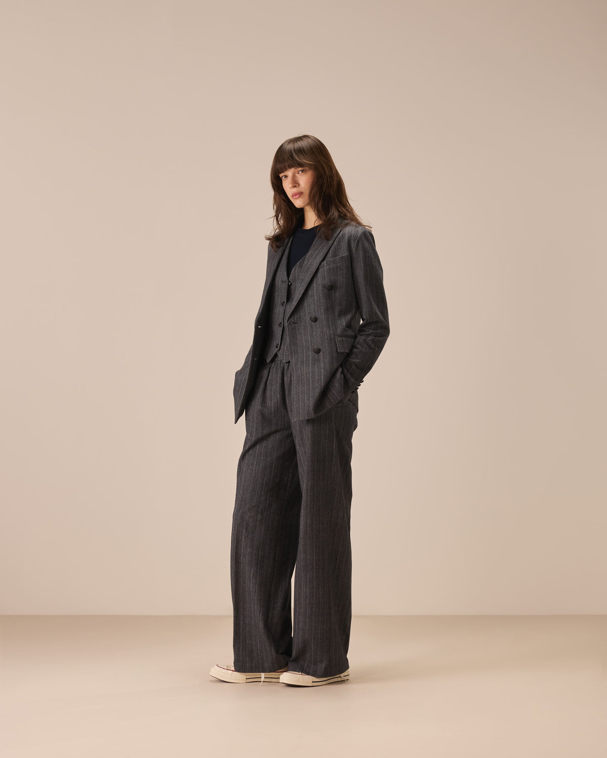 Pantalone wide leg coulisse pinstriped fabric weft light fleece