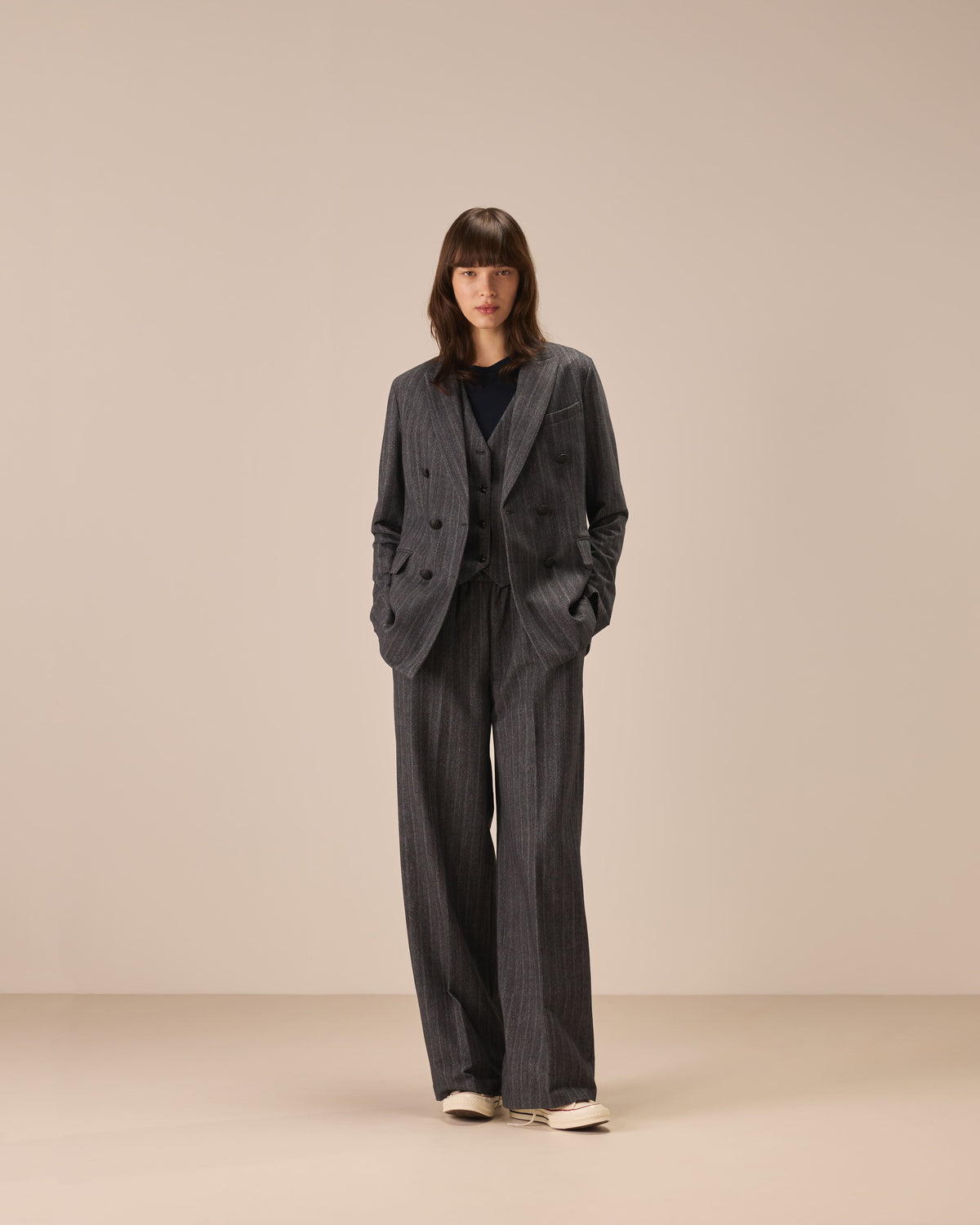Pantalone wide leg coulisse pinstriped fabric weft light fleece