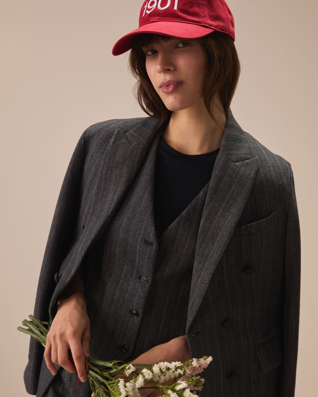 Gilet pinstriped fabric weft light fleece